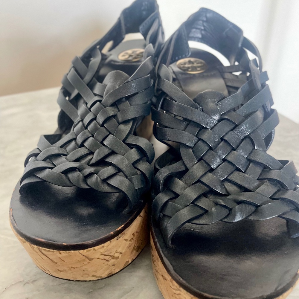 Tory Burch Navy Woven Leather Platform Wedge Sandals – Size 10